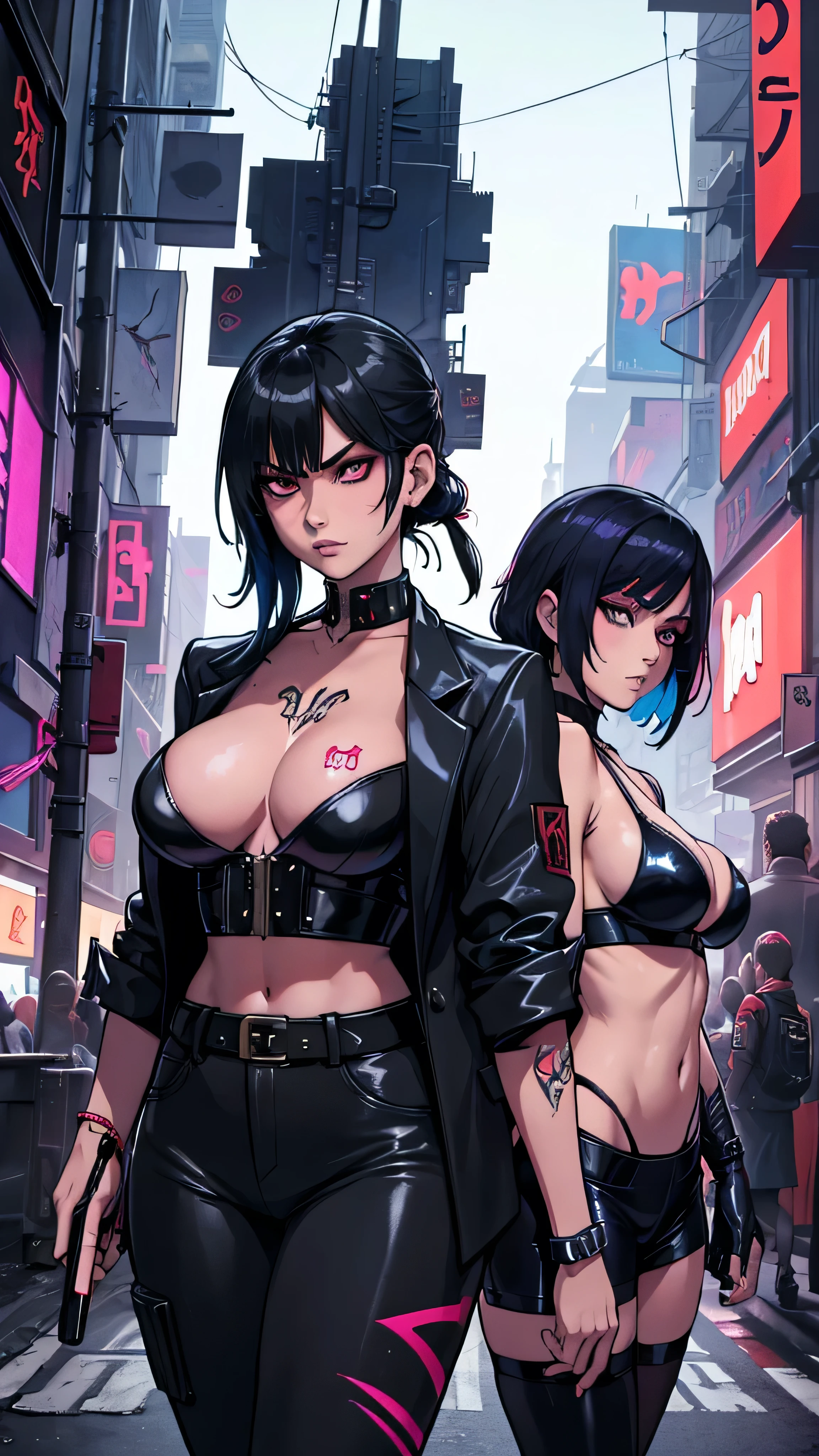 Artwork, plusieurs filles, gangster, Yakuza, they fight with sabers, tatouage sur tout le corps, dressed in black, super sexy, regard agressif, black hair tied, two sabers in the back, cyberpunk dark fantasy, epic, colorful neon, in a cyberpunk city, la nuit