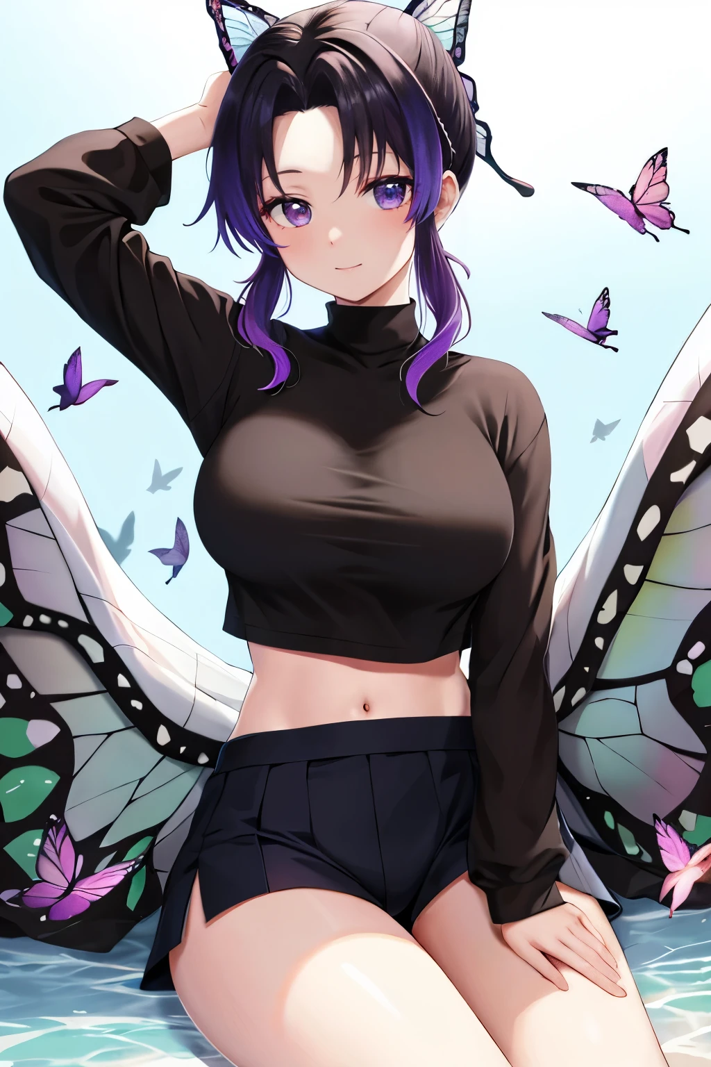 masutepiece, Best Quality, hight resolution, 1girl in, solo, kochou shinobu, Decorate your hair with butterflies, violet eyes, Multi-colored hair, Short hair, Parted bangs, Short shorts, open one's legs, Skirt, Turtleneck Top, Navel Ejection, outside of house, Erotica, large full breasts, Sateen, show through, Black pants
