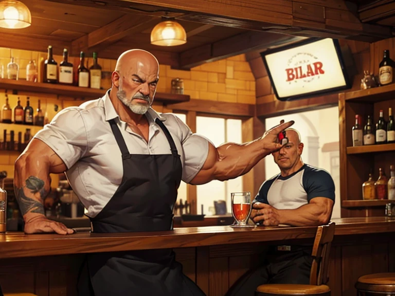 Tavern in the style of the 80s, bar counter, an elderly muscular bald bartender in a white shirt with rolled up sleeves stands behind the counter and wipes a glass with a rag; a bizarre mixture of a medieval tavern and a Soviet canteen, many small environmental details, intricate details, high quality textures, cuttlefish