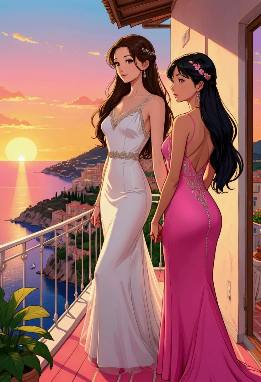 an idyllic manga style image of two beautiful women watching the sunset from a balcony on the French Riviera; one is a beautiful British woman (Becky) with brown hair, styled in a long braid and is dressed in a beautiful bright pink straight floor length long dress with rhinestone details all over the dress and the back is open next to her a beautiful Asian woman (Freen) with long straight black hair who is dressed in a beautiful short tight fitting white dress with white tulle details surrounding her dress. They are enjoying the scenery holding hands, relaxed. The image exudes intimacy and tenderness in an atmosphere of pure love.