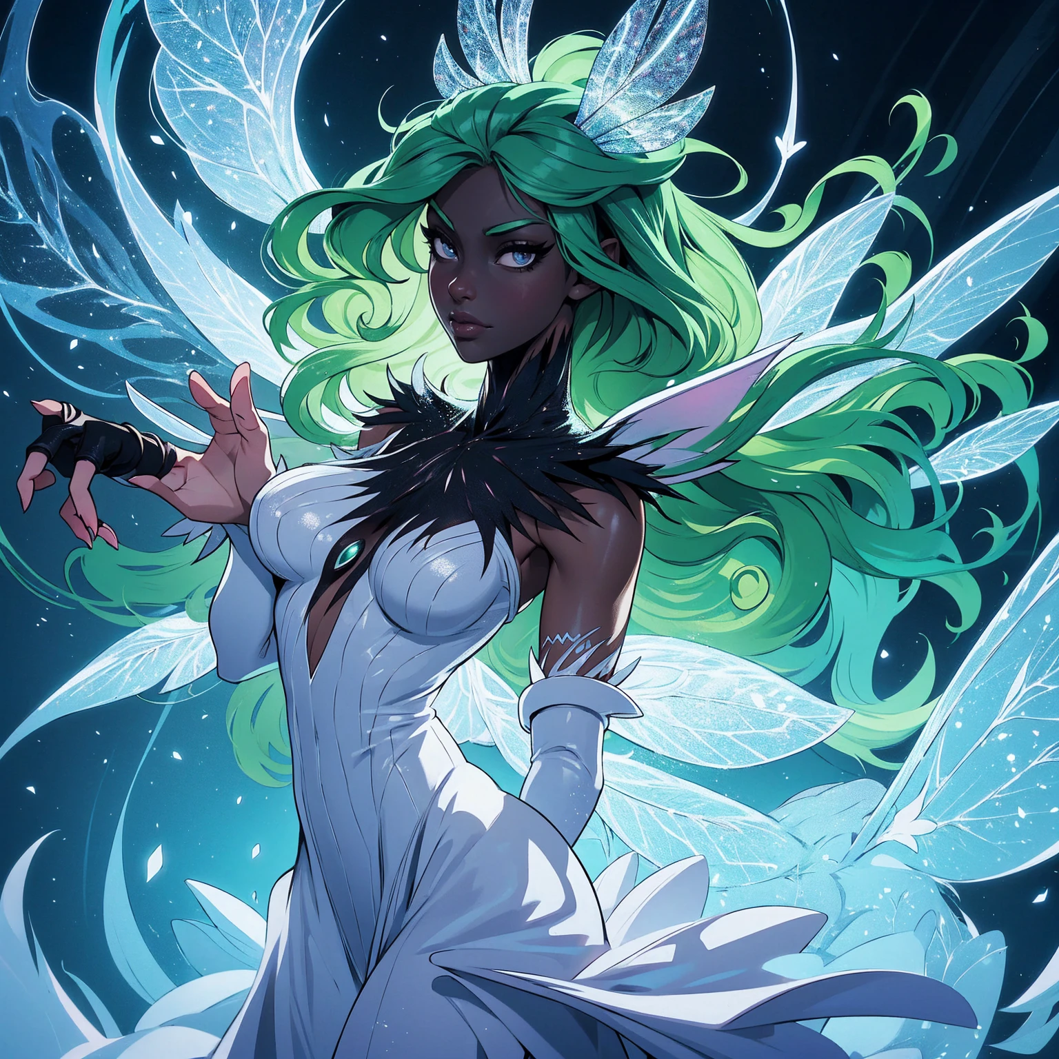 (Absurd, high quality, ultra -compared, careful with the hand) fairy, fairy wings, dreamer body, vivid, romantic and all. Optimistic face, just lies, without entry and intellectual. Reckless style, cold heart, impatient and too confident. Gray eyes, ripe and dark (eyes of the eyes), enchanted fairy (pixie) . Wearing white clothes, medium curly hair, green hair. In the carnival row illustration, flying, dancing lithgly, Whole body, black skin (black skin), flying