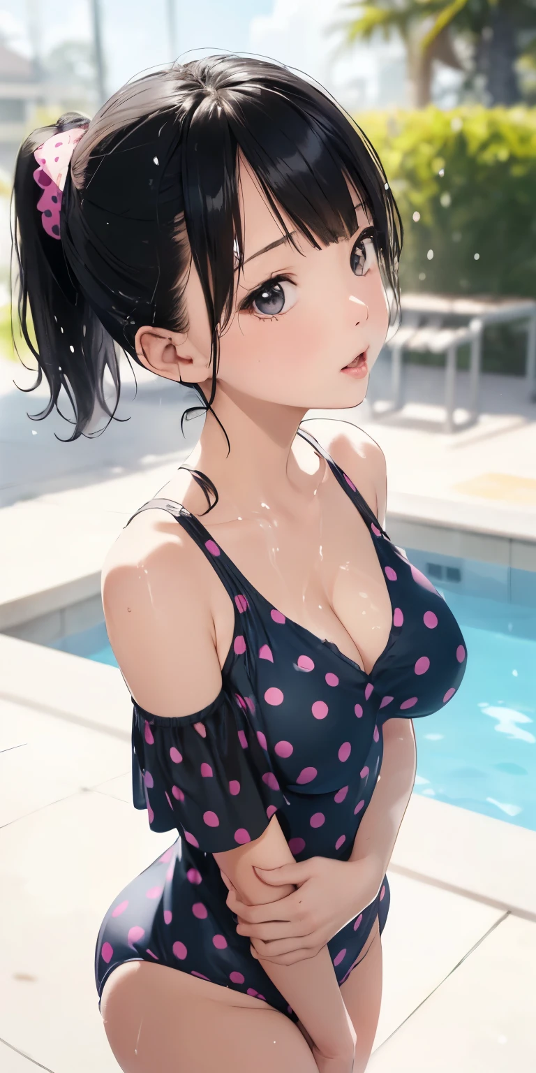 ( girl kissing、)Licking fingers、((your breasts will grow、))Black Hair、(See through)、Your Breasts Will Grow Background Outdoor Pool、(My body is soaked..5)、Ponytail hair and super short bob hair、Realistically、(Two 10歳の女の子s hugging each other, Your breasts will grow. Accentuate the fullness of your breasts.)((Gross 5.5))(She is wearing a pink polka dot swimsuit..),,Accentuate your cleavage,Looking up from below,blush,moist pink lips,sexy,Own,Please open your mouth wide、Place your arms behind your head、