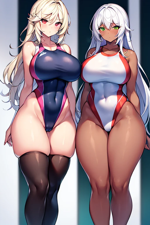 2girls, ligjt skin, light-skinned female, dark skin, dark-skinned female, white hair, long hair, large breasts, wide hips, thick thighs, sportswear, shy, timid, blushing, sportswear, hourglass figure, mature female, skin tight, tight clothes, ((competition swimsuit)), bare legs
