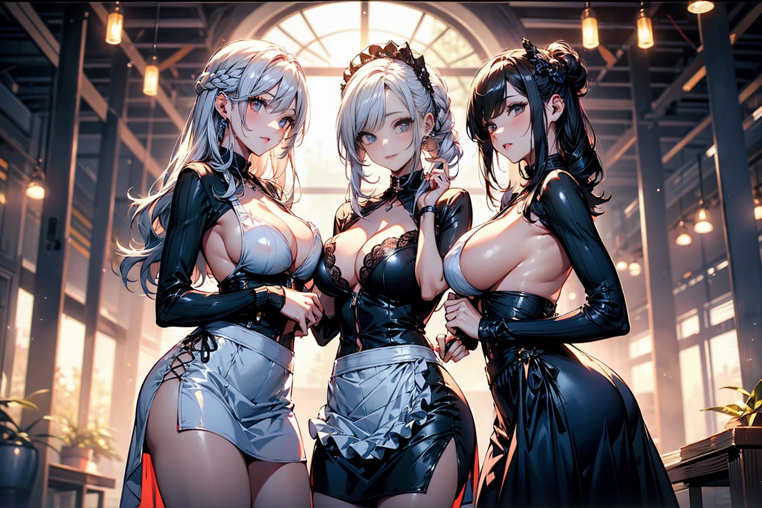 (masterpiece, Highest quality), (Ultra-high resolution, 8K RAW Photos, Photorealistic:1.5, ,(Showing off your breasts:1.6),Fabric Shading, Thin contours), Beautiful mature woman preparing a tea party in the garden, (Tea set, you can, Tea cup, Some cakes on a plate), Gothic Table, 伝統的なダークブラウンのMaid clothesを着用, Maid clothes:1.2, ,(Showing off your breasts:1.3),Long Flared Skirt, apron, tall and leggy, Long white hair, Wearing borderless grass, (Mature Woman:1.5, 28 years old, alone), (Large Breasts, Saggy breasts, big , Tight waist), (Long white hair, Hair on one eye, Updo, Side Lock, ,(Showing off your breasts:1.6), Asymmetrical Hair, Wavy Hair), (Bright Eyes, Detailed eyes, A face with attention to detail, perfect face shape, Bloodshot eyes), (A seductive smile, Half-close your eyes), (Looking at the audience:1.3), (Dynamic Angle, Thigh Focus, From side to bottom:1.2), ((Correct Anatomy:1.5, The right move)), (Ideal body proportions), Outdoor, Glass Garden, ,(Showing off your breasts:1.6),((Nipples、Areola)),