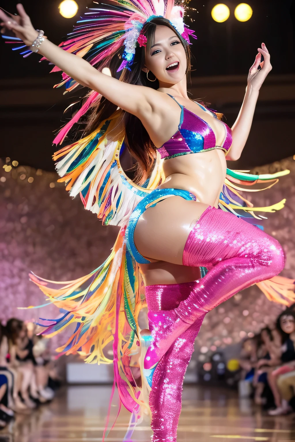 (((Carefully drawn limbs in perfect anatomical position))),(Highest quality,4K,High resolution,masterpiece:1.2),Very detailed,(Realistic photos:1.37),4K photography captures the essence of the action from behind the scenes,(The most beautiful Japan women, Drum Queen),She has a high nose and beautiful eyes..,slim, A muscular man with a beautifully curvaceous waist like a coke bottle,Energetic dance moves,((Beautiful outfits and accessories,Multicolored feathers and sequins,Undulating samba rhythm,Spectacular headdress,feather collar,Striking makeup and body paint)),Sensational stage presence,Bright light,(((Glittering fireworks))),Breathtaking stage effects,Exotic atmosphere,Fun celebration,Bright colors,Samba music,Fierce passion,Spectacular showmanship,Excitement and energy,Crowd cheers,Intense bass and drums,Shake your hips and rotate,Dynamic Dance Routine,Interaction with the audience,Movement and fluidity,Sultry and sensual,Complex choreography,Professional Dancers,Eye-popping performance,Catwalk in the spotlight,High-energy carnival atmosphere,electric atmosphere,Bright smiles and laughter,An unforgettable experience, atmosphere,Brazil's Heartbeat,Dynamic and rhythmic,Full of energy,Boundless joy,Seductive and sensual,Swirling costumes and high-leg bikinis,Sensual elegance,Vibrant and infectious,Free Dance,An authentic cultural experience,Colorful floats and parades.(((Big Butt)))、(Chubby)、((Huge Big Tits))