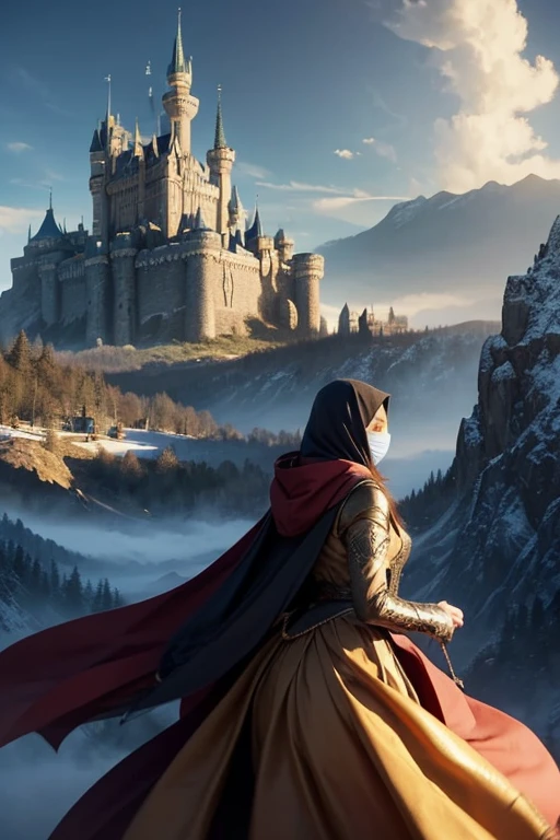 Draw an illustration of a woman from the front, with a hood that covers your face. No fundo, illustrate a fantasy kingdom with a large castle, surrounded by mountains and a dramatic sky. The illustration style should be non-realistic, with fantasy touches and artistic details.
