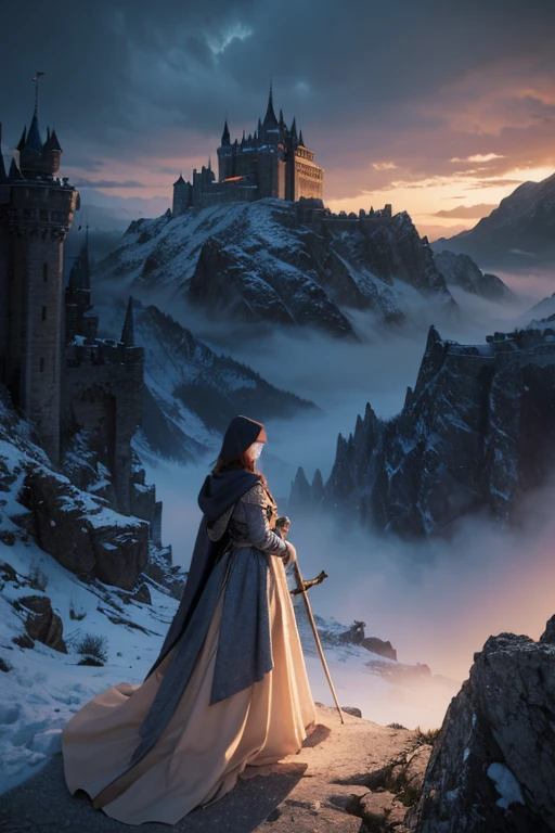 Draw an illustration of a woman from the front, with a hood that covers your face. No fundo, illustrate a fantasy kingdom with a large castle, surrounded by mountains and a dramatic sky. The illustration style should be non-realistic, with fantasy touches and artistic details.