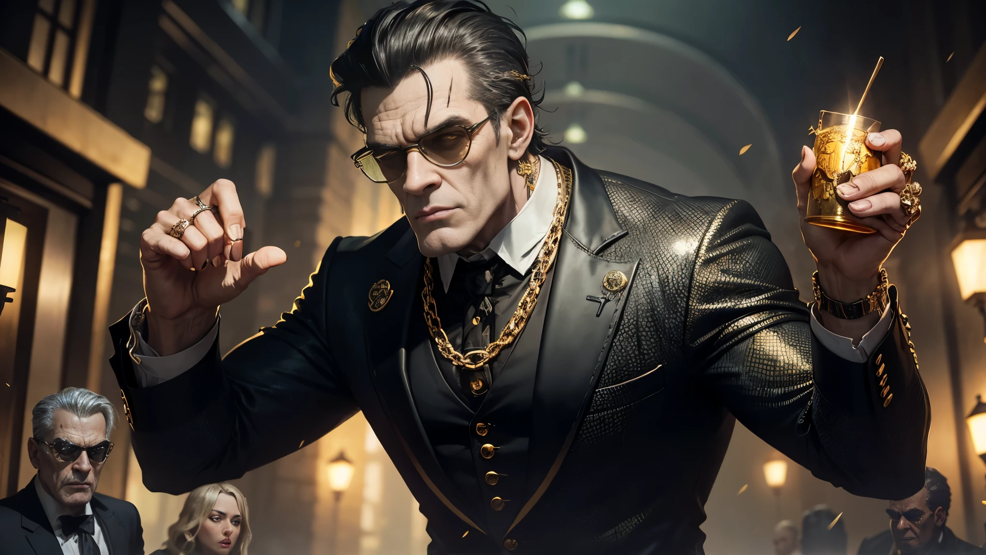 Frankenstein monster, rotten, with black glasses, gold watch, thick gold chains, wearing old suit, ((hyper detailed)), (not duplicated)