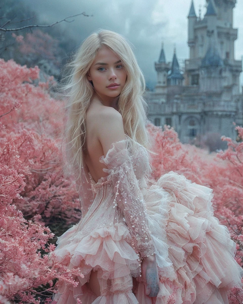 Beautiful Italian girl, 17 years old, brown-blond hair, angelic and delicate face, long hair, bun hairstyle - with two strands hanging on both sides of the head, elegance, blonde with light blue roots, in a cloudy gray sky, in front of a white palace, ((realistic photo), (big realistic breasts,)), ((angel face)), ((photo close-up of a person, dressed, standing in a tulle, light pink, fluffy dress, sensual position,)) girl stands sideways to the camera, left profile, ((blond hair with roots)), professional photo session,)), blonde hair, light brown eyes close-up of a person, in a standing position, head turned slightly to the left, hypnotizing facial expression, realistic photo, very naturally blue roots, blonde , wearing a pink tulle fluffy dress, LUT from Instagram, 17 years old.