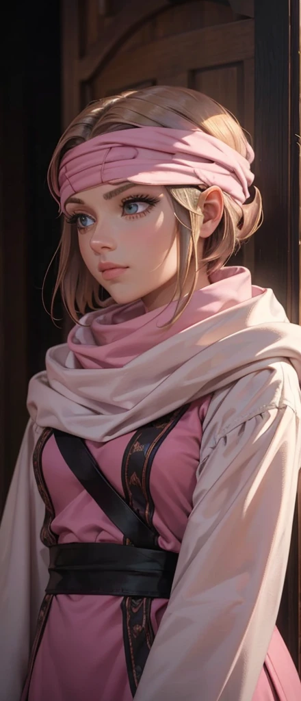masterpiece), best quality, high resolution 1girl bob cut medium hair standing alone cowl headband profile image looking at viewer beautiful eyes beautiful face extremely detailed pink clothing girly