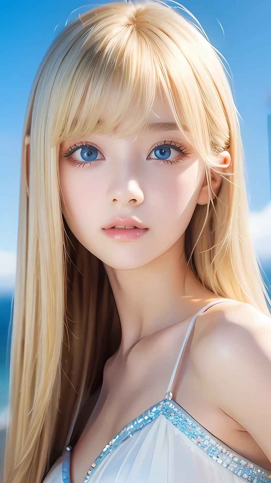 Crystal clear and shiny skin、Cute   with beautiful face、Very large, beautiful, bright, pale sky blue eyes、Very big eyes、Super long straight hair that shines in the light、Long, silky bangs that cover her cute eyes、Hair that hides sexy featurtoo long bangs、Sexy and cute ng beauty、Super long natural young blonde hair with sparkling highlights Blonde over one eye Blonde over one eye、Blonde hair between the eyes