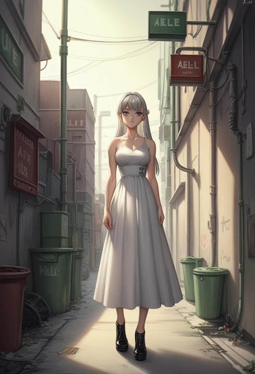 ((masterpiece, Highest quality)),girl, alone, dress, Are standing, Hello, alley, Outdoor, bangs, white dress, Gray Hair, Long Hair, Black footwear, Industrial Pipes, View your viewers, Air conditioning,Dim lighting, garbage, garbage bin, hxh2011 