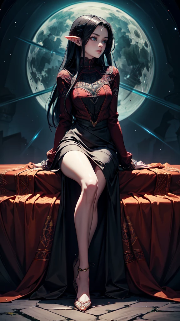 cute vampire, intense azure eyes, very long hair, pale skin, small, pointy breasts, slim, elegant arms and legs, sleepy look, wearing a thin, translucent red sweater, sitting inside an elegant coffin in a crypt lit by the moon through an intricate stained glass window (Masterpiece artwork) (sweater with fine and intricate embroidery) (gothic beauty) (gradient light) rear profile view, HD8K quality,detailed eyas, detailed hands, detaild face, full body, elf woman
