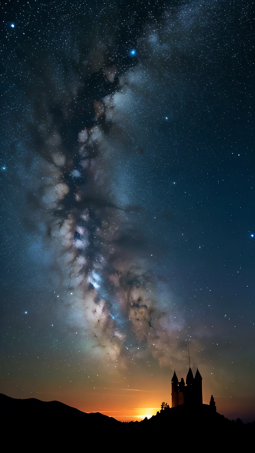 A night sky with a gradation from deep blue to purple,Countless stars sparkle、Some stars特に明るく輝いている,The Milky Way crosses the night sky、Flowing beautifully like a silver ribbon,The constellations are shaped like real animals and mythological characters.、Connected by a thin, shining line of light,Some stars、It shines with rainbow colors like a magical light,There are wide grasslands and quiet lakes.、The starry sky is reflected on the lake surface.,In the distance, ancient castles and towers can be seen as silhouettes.,Pegasus and unicorns flying in the sky,Fairies fly among the stars、Collecting the light of the stars,Many stars are flowing、The tail is dragging,star々A magic orb appears between、It gives off a soft light,The night sky is deep blue、purple、Painted in silver tones、Stars and magic lights are highlighted with rainbow and gold colors,