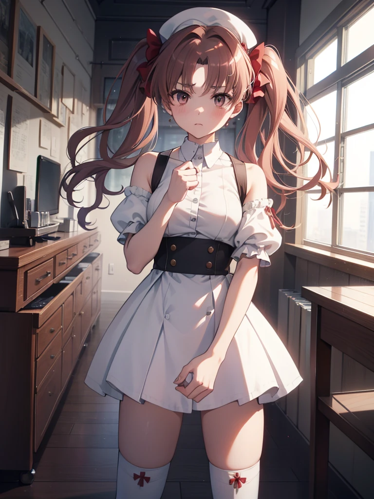 (Highest quality, 8k, masterpiece, Best image quality,  Ultra HD, Delicate and smooth skin, Realistic Skin, Perfect and beautiful face ,Perfect and pretty face, Skin with attention to detail, Perfect limbs、Narrow waist、Thin legs)、Nurse uniform、Sulky face、Twin tails、Brown Hair、Red ribbon、Nurse hat、((White thigh-high socks))、Bright room、Undressing、