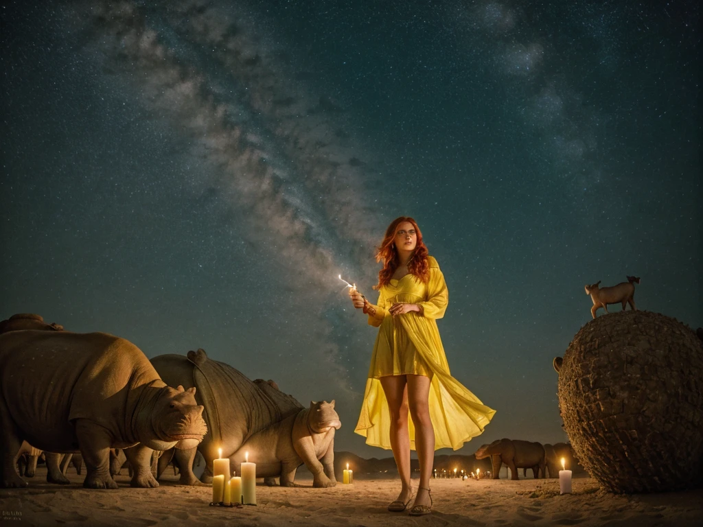 photo of a woman in her 30s, with red hair and green eyes. Dressed in yellow in the middle of the desert. He has a candle in his hand. Around her are a group of aliens and a parked spaceship. In the background we see a herd of hippos arriving