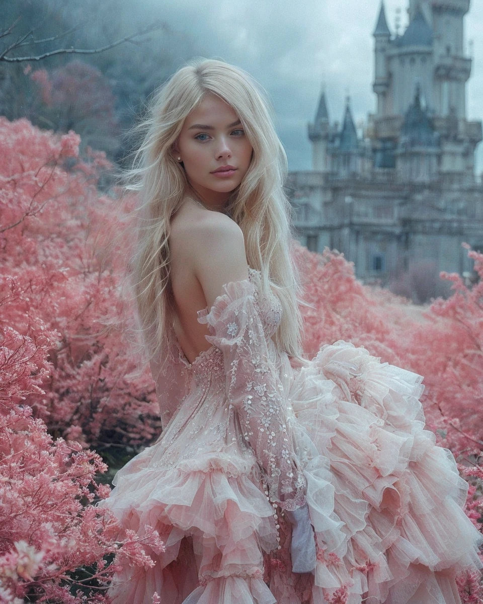 Beautiful Italian girl, , brown-blond hair, angelic and delicate face, long hair, bun hairstyle - with two strands hanging on both sides of the head, elegance, blonde with light blue roots, in a cloudy gray sky, in front of a white palace, ((realistic photo), (big realistic breasts,)), face)), ((photo close-up of a person, dressed, standing in a tulle, light pink, fluffy dress, sensual position,)) girl stands sideways to the camera, left profile, ((blond hair with roots)), professional photo session,)), blonde hair, light brown eyes close-up of a person, in a standing position, head turned slightly to the left, hypnotizing facial expression, realistic photo, very naturally blue roots, blonde , wearing a pink tulle fluffy dress, LUT from Instagram, 17 years old.