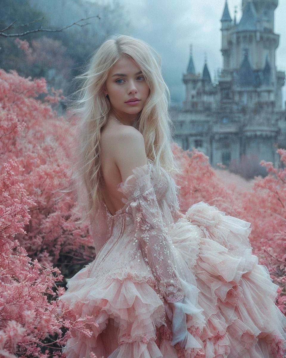 Beautiful Italian girl, 17 years old, brown-blond hair, angelic and delicate face, long hair, bun hairstyle - with two strands hanging on both sides of the head, elegance, blonde with light blue roots, in a cloudy gray sky, in front of a white palace, ((realistic photo), (big realistic breasts,)), ((angel face)), ((photo close-up of a person, dressed, standing in a tulle, light pink, fluffy dress, sensual position,)) girl stands sideways to the camera, left profile, ((blond hair with roots)), professional photo session,)), blonde hair, light brown eyes close-up of a person, in a standing position, head turned slightly to the left, hypnotizing facial expression, realistic photo, very naturally blue roots, blonde , wearing a pink tulle fluffy dress, LUT from Instagram, 17 years old.