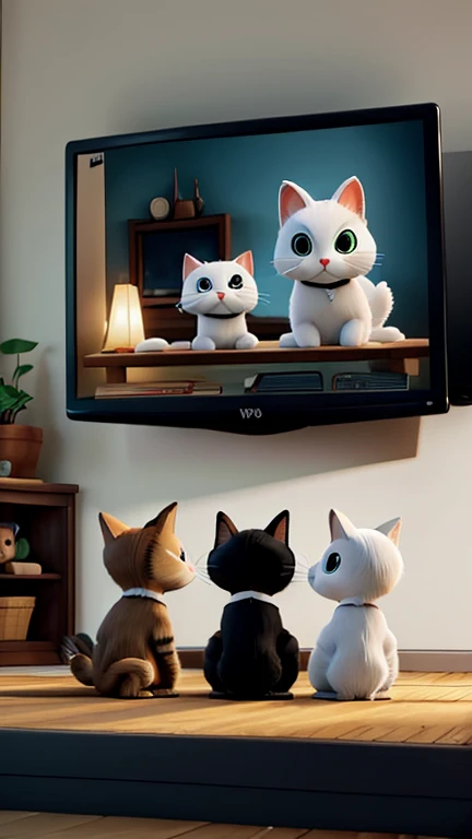 Three young cats are watching an analog television. The screen shows a cartoon scene of a white and grey rabbit talking with a black duck. The home has several pictures of cute humans on the wall.