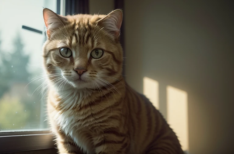 (masterpiece:1.2, highest quality), (Realistic, photoRealistic:1.4), Beautiful illustrations, (Natural Side Lighting, Cinema Lighting), Written boundary depth, Beautiful thighs staring at the viewer, ((alone)), A big fluffy yellow cat, Fisheye Lens, Establishing Shot, Pastel Color Grading, Depth of field cinematography effect, Film Noir Genre, 8k resolution, high quality, Super detailed