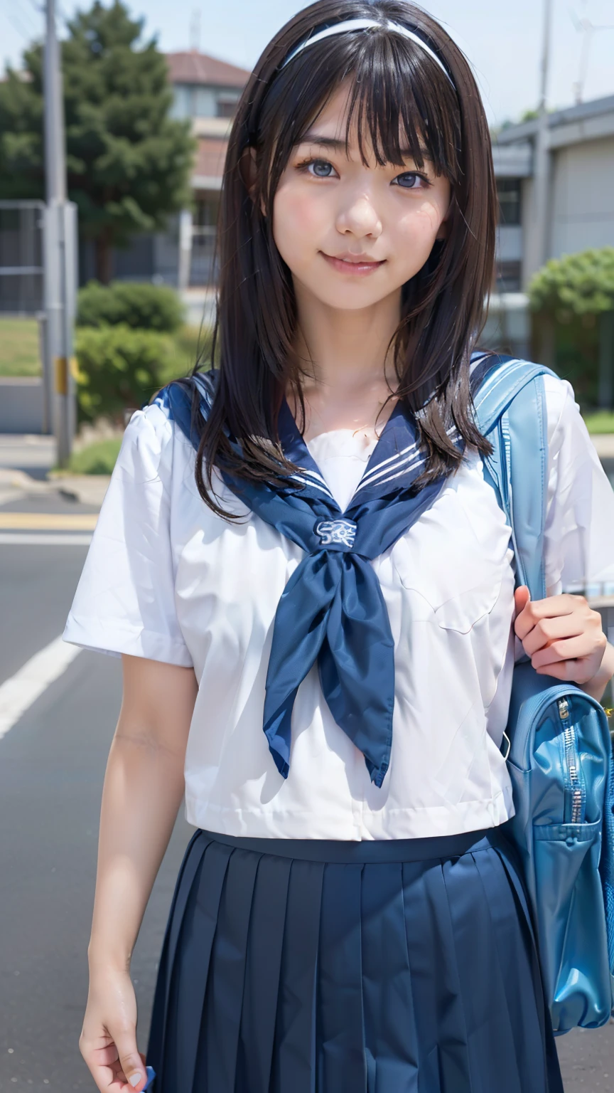 sailor uniform, One Woman, (Beautiful woman, delicate :1.3), Black Hair, bob cur hair, bangs, 8k, Highest quality, masterpiece, Very detailed, Ultra-high resolution, Realistic, RAW Photos, Absolute Resolution, Black Hair, sky blue sailor uniform, (sky blue pleated skirt:1.4), (Realistic junior high school student:1.4), (White headband:1.4), Small breasts, expensive, Bright Blue Eyes, (In front of the school gate), smile, (standing pose:1.4), (one school bag on shoulder:1.4), (long skirt:1.4), slender female body, Blur the background, (looking at the camera:1.4), glossy hair,