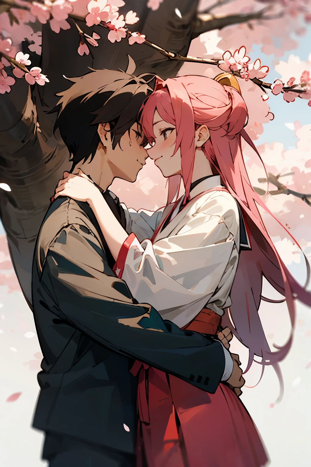 A couple in a park hugging with the background of a Sakura tree , anime type that the couple can see each other from head to toe