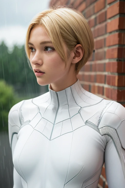 18 yo girl, white spider man suit, short blunt hair, blonde, beautiful face, rain, roof, masterpiece, intricate detail, perfect anatomy, redhead, photo realistic