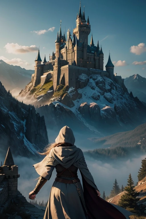 Draw an illustration of a woman from the front, with a hood that covers your face. No fundo, illustrate a fantasy kingdom with a large castle, surrounded by mountains and a dramatic sky. The illustration style should be non-realistic, with fantasy touches and artistic details.