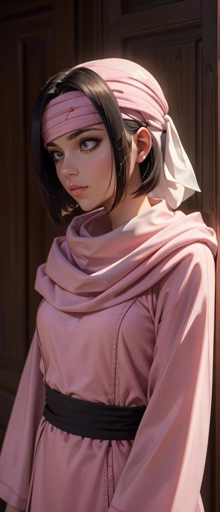 masterpiece), best quality, high resolution 1girl bob cut medium hair standing alone cowl headband profile image looking at viewer beautiful eyes beautiful face extremely detailed pink clothing girly