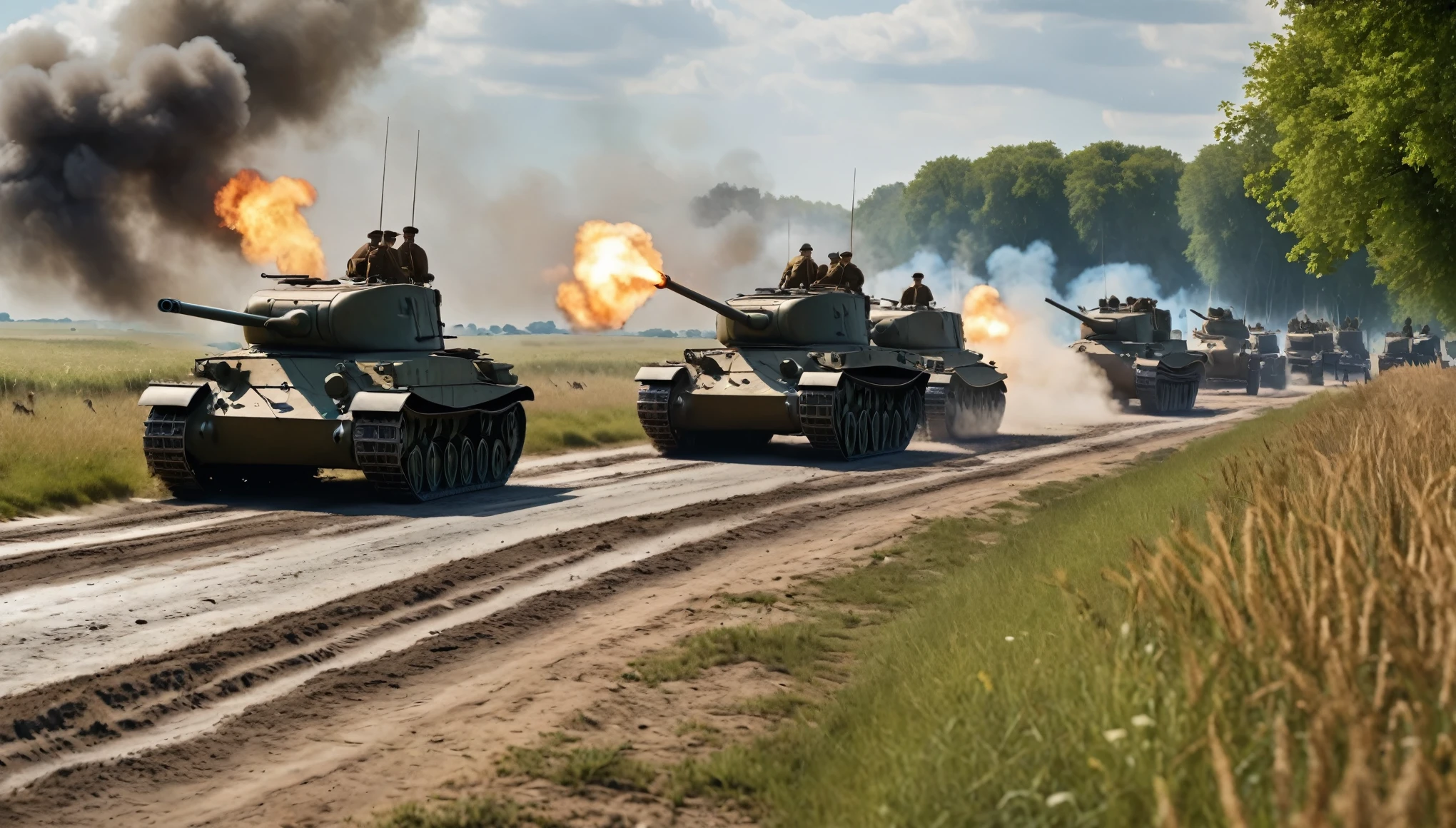 create an image demonstrating the style of ((1916 France battlefield)) style, hyper realism, 8k high definition, vibrant colors, sharp focus, insanely detailed,, Churchill Tanks and soldiers marching,