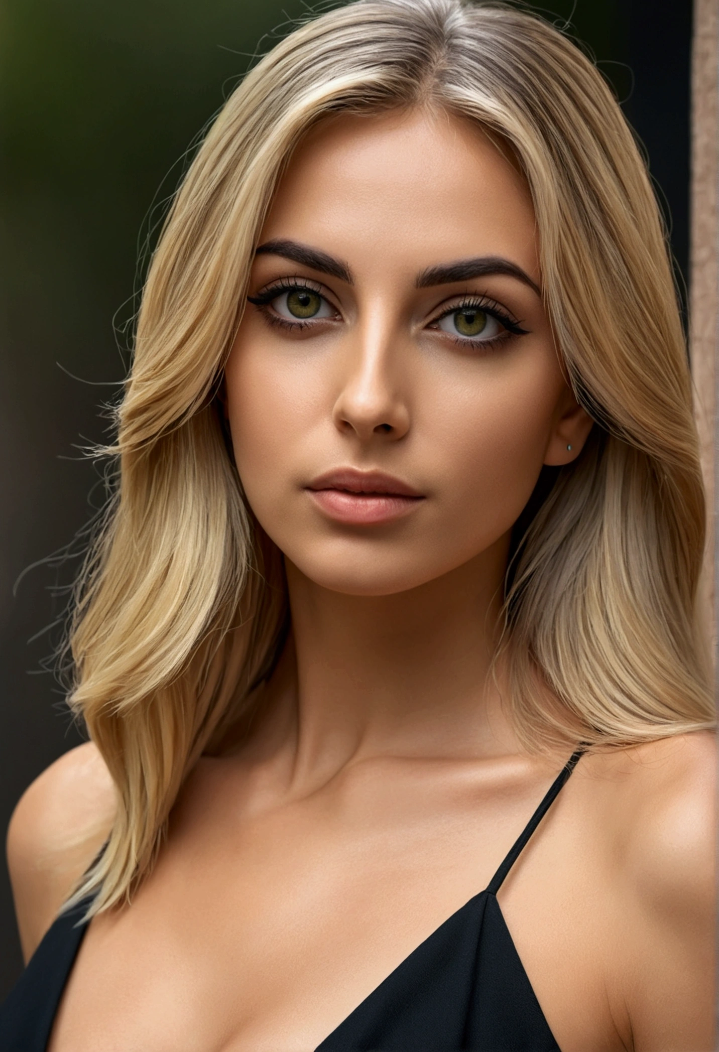 A realistic portrait of beautiful italian woman wear a black short dress ,light makeup, nice long straight blonde hair, high quality photo 4k, very detailed, perfect fit, looking at the camera, detailed face, detailed eyes, olive skin