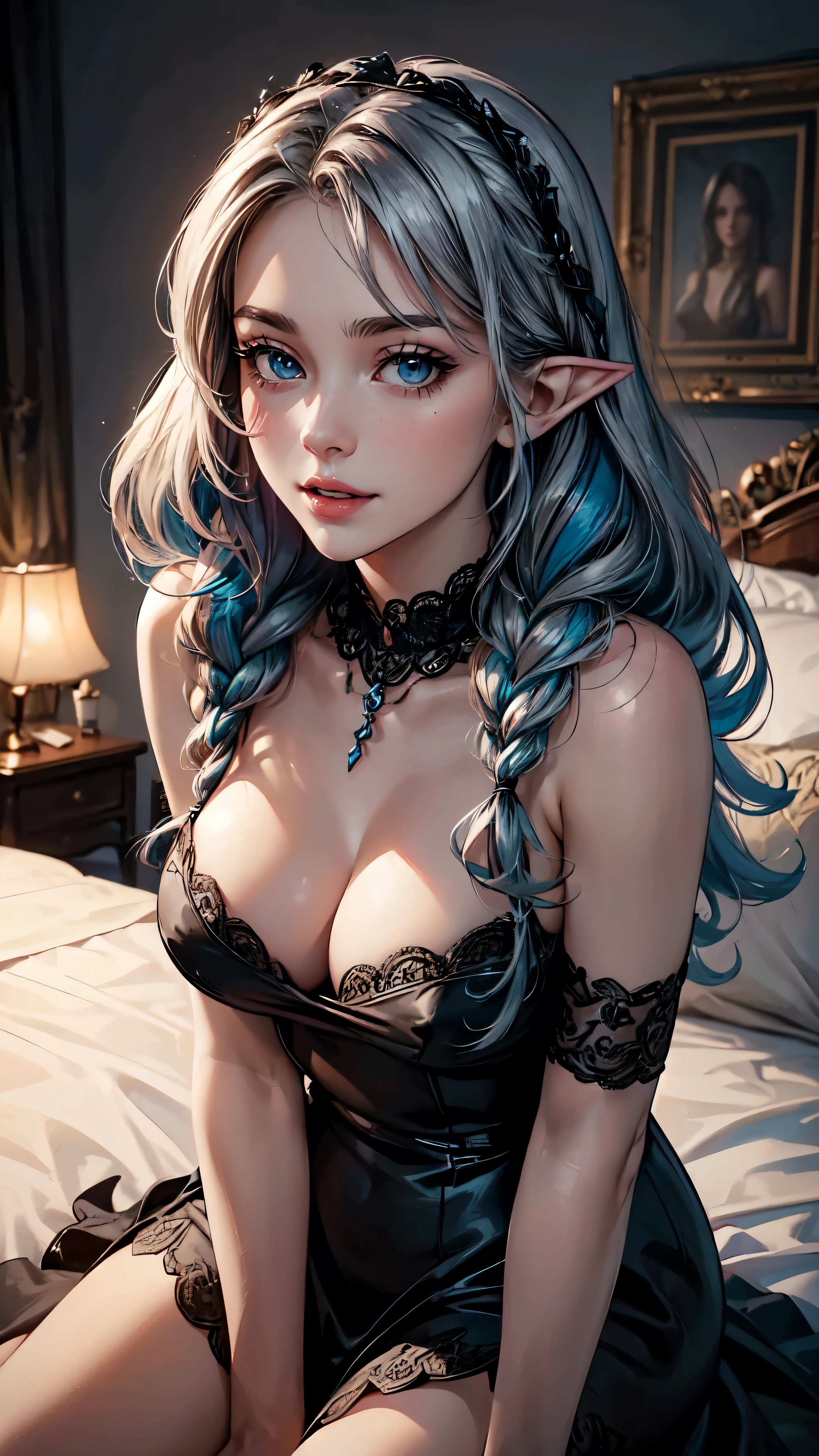 (best qualityer, ultra detali, photorrealistic: 1.39), Face of a naughty 29 year old ager, beautfull woman, (mellow), pale white skin, red cheek, blush, bright and vibrant colors, studio lighting, romantic expression, perfect large breasts, shoulder straps, plunging neckleace, during, (black gown), luxurious dress, clavicle, neckleace, luxurious, (beautiful round breasts:1.2), (thighs point of view), wind blowing hair, bright coloured, dynamic lighting, ((face detailed)), long silver hair, bangsss laterais, bangss, wavy hair, (wire braids), hair clips, hair over eyes, blue colored eyes, attractive eyes, Glossy lips, pose sexy, beautiful roses, smiling with confidence and seduction, Posing for a professional photo shoot, Shallow depth of field, soft natural lighting, Creating a dreamy and magical atmosphere, vampyre, Gothic, on the bed, dark Castle,detailed eyes, detaield hands, detailed face, elf woman, full body