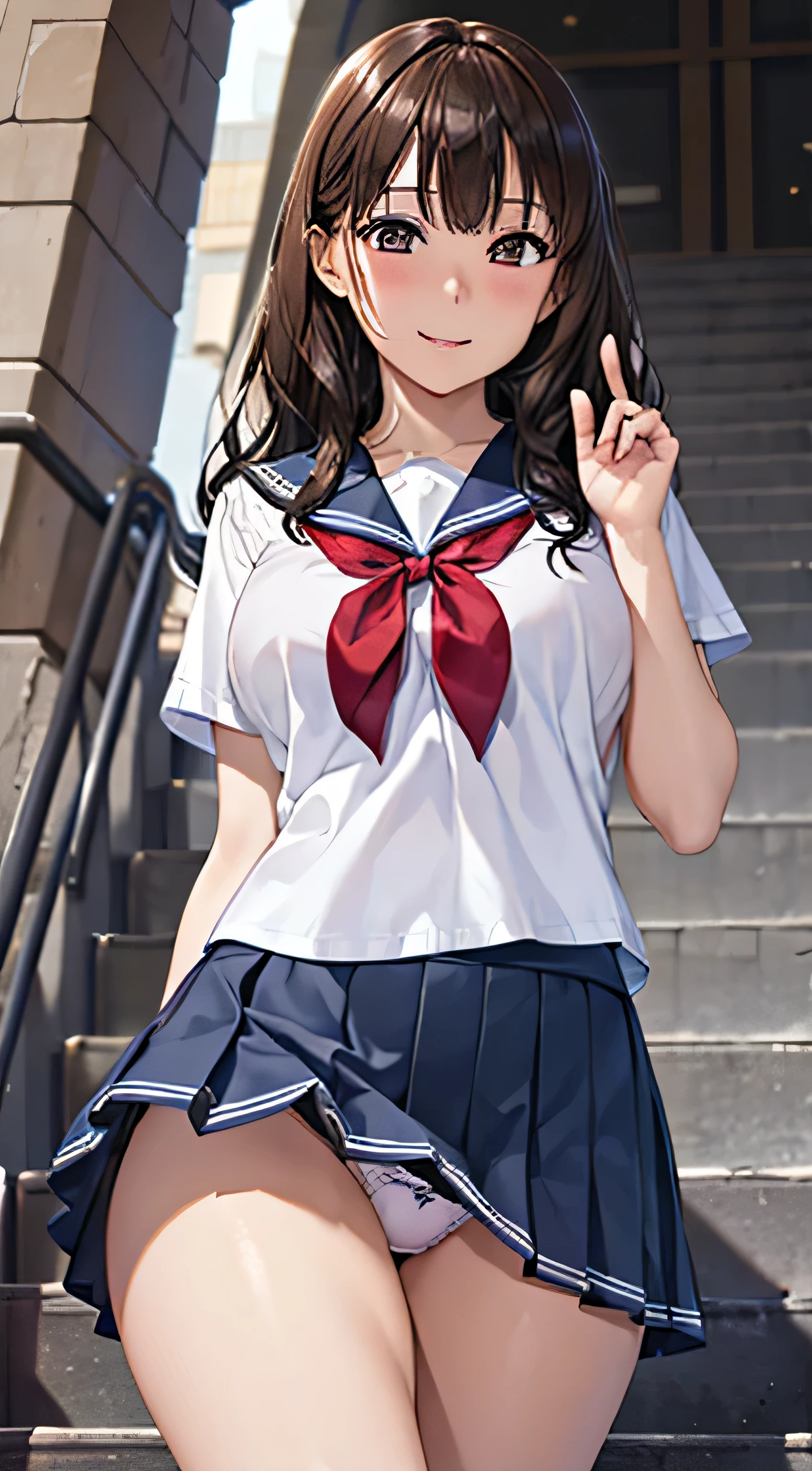 ((Tabletop, Highest quality, High resolution, , Pixel Perfect, 4K,))), 2 women, 、The whole body is visible、 ((Long Wavy Hair, bangs, Brown Hair)), ((Brown eyes, Beautiful eyelashes, Realistic eyes)), ((Detailed face, blush:1.2)), ((Smooth texture:0.75, Realistic texture:0.65, Realistic:1.1, Anime CG style)), Big Breasts, Dynamic Angle, Perfect body, (( , , Schoolgirl uniform、Sailor suit、White shirt、Pleated skirt、 、Floral lace panties 、)), On the way up the stairs、Big staircase in the city、、、Very embarrassing panic smile, 、、The gesture of holding the skirt with your hand、、、、、、 、Angle from below)、