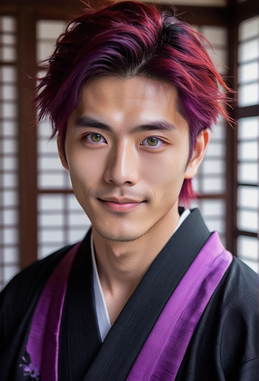 I want a young Japanese man, he has heterochromia, one eye is green and the other is purple, red hair color, and have a naughty smile, make him wearing a black and purple kimono. Um retrato realista, full hd 4k.