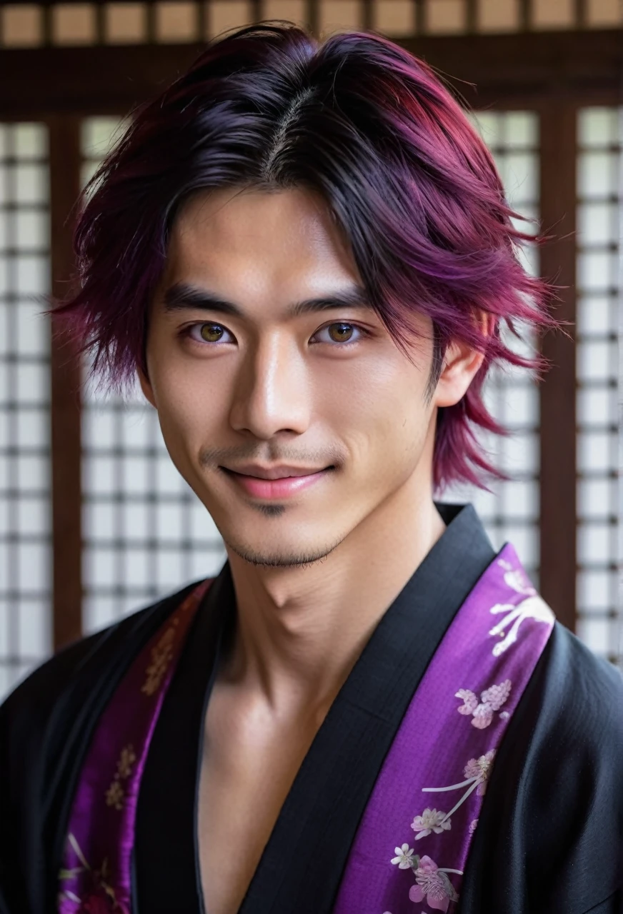 I want a young Japanese man, he has heterochromia, one eye is green and the other is purple, red hair color, and have a naughty smile, make him wearing a black and purple kimono. Um retrato realista, full hd 4k.