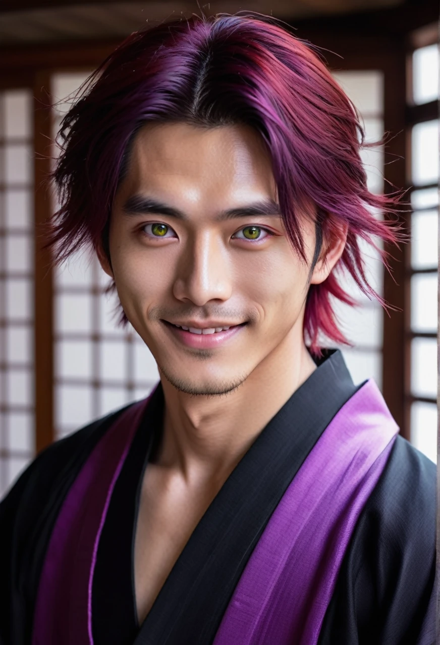 I want a young Japanese man, he has heterochromia, one eye is green and the other is purple, red hair color, and have a naughty smile, make him wearing a black and purple kimono. Um retrato realista, full hd 4k.