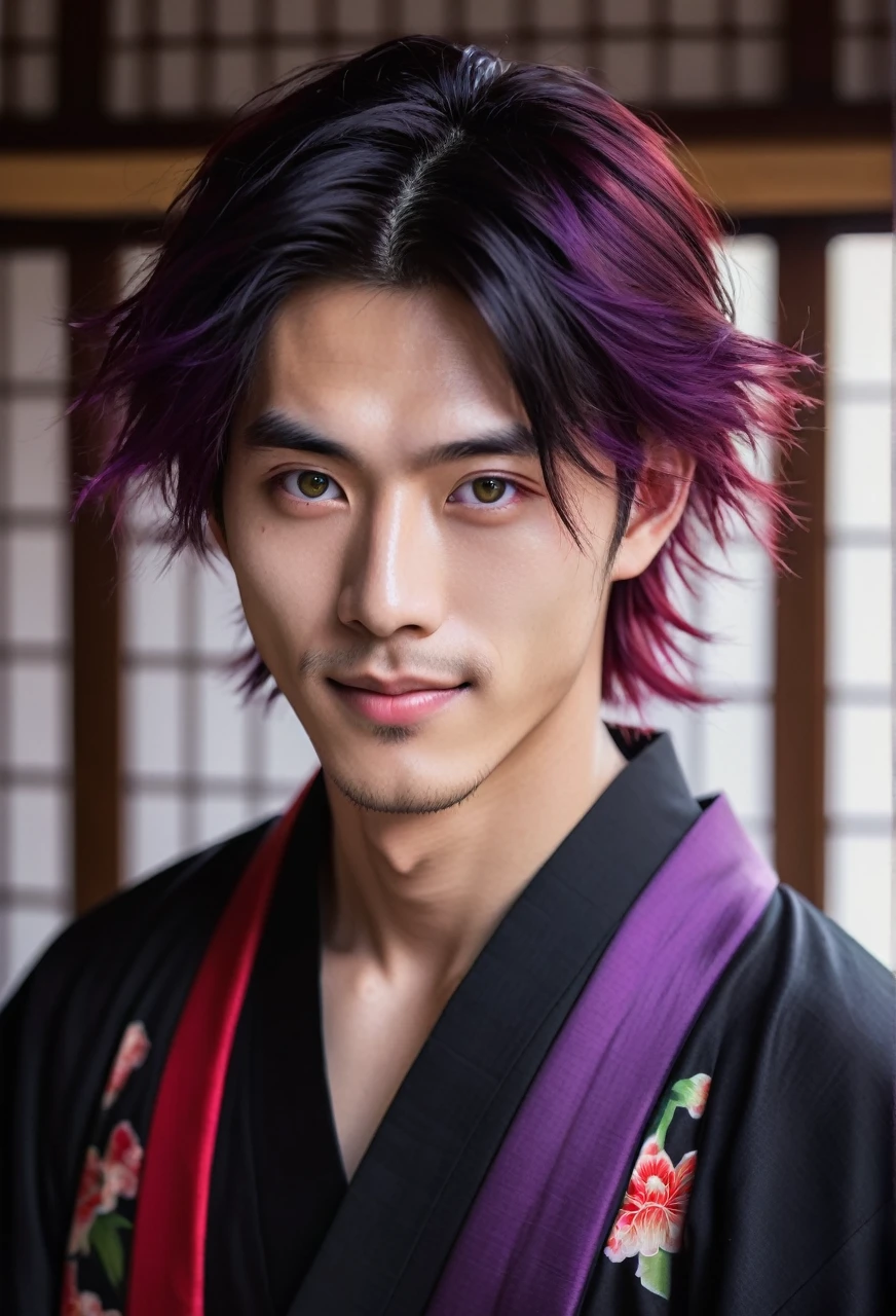 I want a young Japanese man, he has heterochromia, one eye is green and the other is purple, red hair color, and have a naughty smile, make him wearing a black and purple kimono. Um retrato realista, full hd 4k.