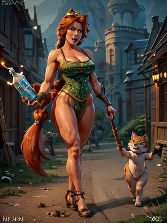 I would like to commission a highly detailed and realistic full-body image of an anthropomorphic character named Fiona Fox. The character is fully clothed and has large, sagging breasts (breast size 3) and a cat lady human face with sharp cat eyes and red eyes. The character is also a wizard, with elements of magic present in the image. The character is standing in a fantasy city setting at night, looking directly at the viewer. The image should be in 8k resolution, ultra HD, and feature volumetric lighting. The character should have a Venus body concept, with long legs and detailed fluffy fur and tail. The character's breasts should feature droopy flesh and absurdly large, sagging areolas. The character should also have a Viking warrior woman aesthetic. The image should be a masterpiece, with a focus on hard curves, thickness, and perfect boobs and body. The character should be holding a milk bottle in one hand. The image should be created by Michael & Inessa Garmash, Ruan Jia, and Pino Daeni, and should include aspects of the LoRA styles Large breasts-Huge breasts-Nipple optimization\_2\*, Russian Doll Likeness, and Fake Breasts\_2\*. Additionally, the character should have a smile with an open mouth.