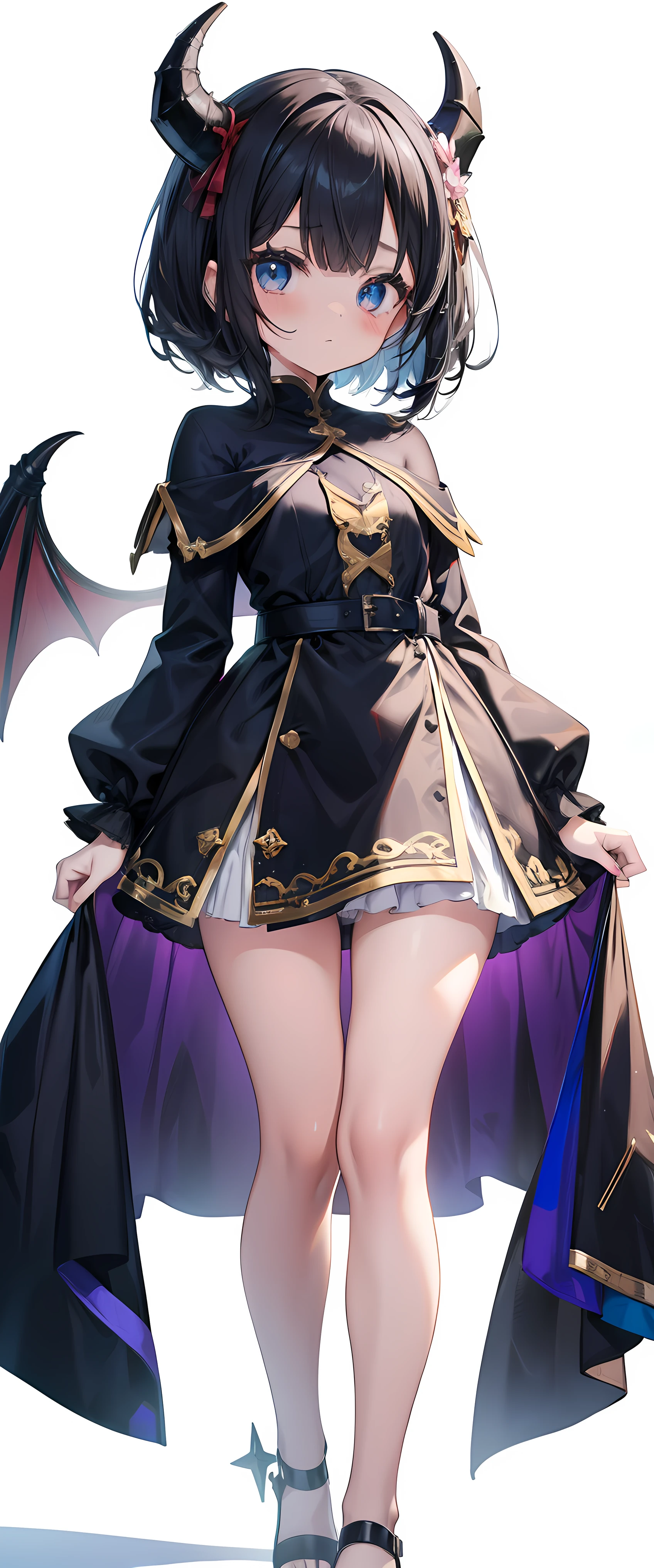 Loli,child, loli,loli,child,, young girl, Fullbody,head to toe capture on the frame,thick thighs, ULTRA, HQ, best quality, seductive young lady wearing costume , magical, magic, RPG, FANTASY, sfw, cute, kawaii, devil horns, short black hair, blue eyes, fantasy theme, rpg theme, innocent,white background
