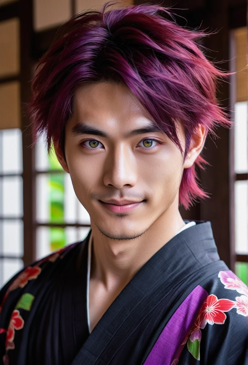 I want a young Japanese man, he has heterochromia, one eye is green and the other is purple, red hair color, and have a naughty smile, make him wearing a black and purple kimono. Um retrato realista, full hd 4k.