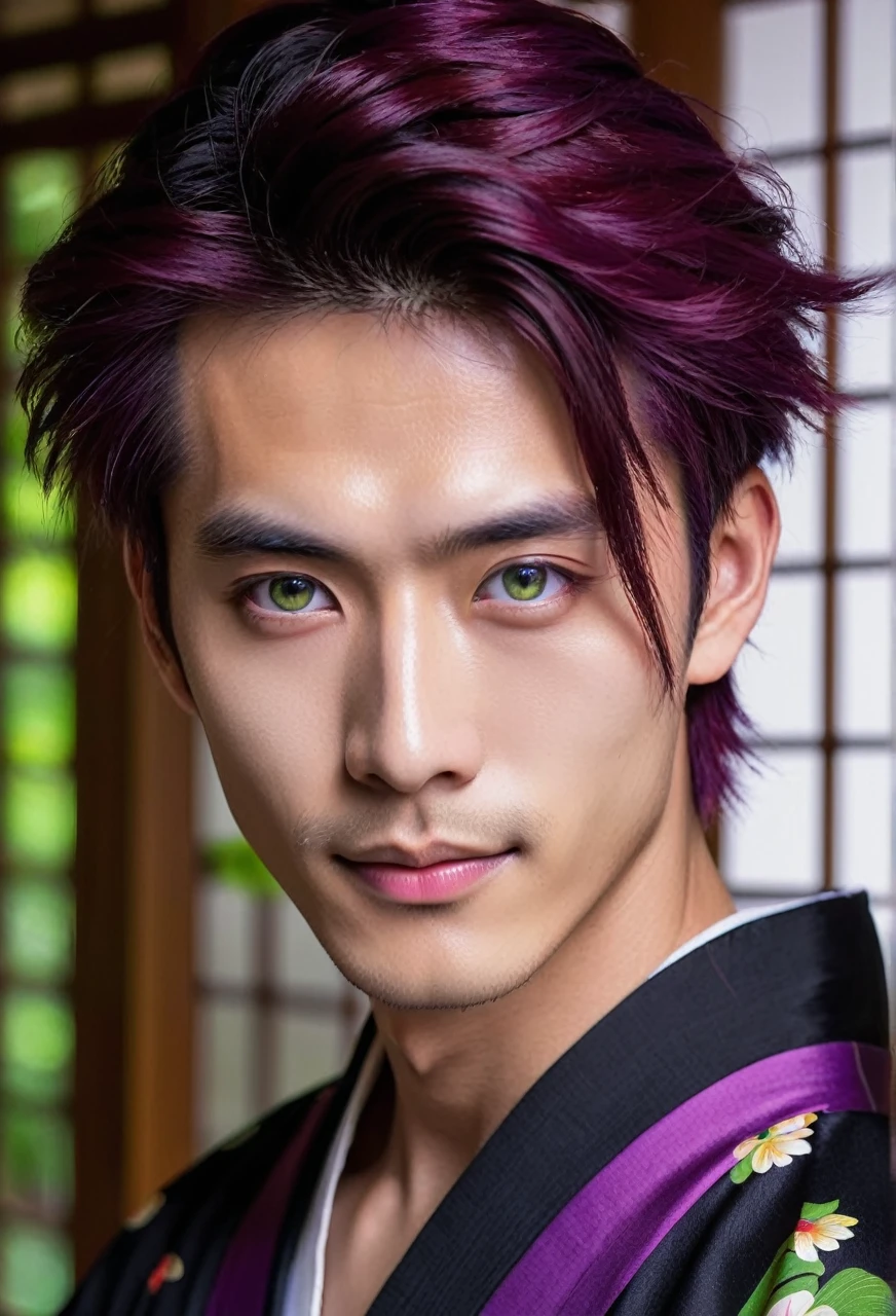 I want a young Japanese man, he has heterochromia, one eye is green and the other is purple, red hair color, and have a naughty smile, make him wearing a black and purple kimono. Um retrato realista, full hd 4k.