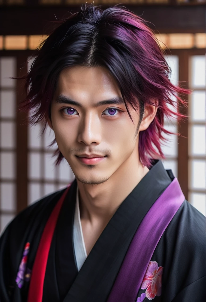 I want a young Japanese man, he has heterochromia, one eye is green and the other is purple, red hair color, and have a naughty smile, make him wearing a black and purple kimono. Um retrato realista, full hd 4k.