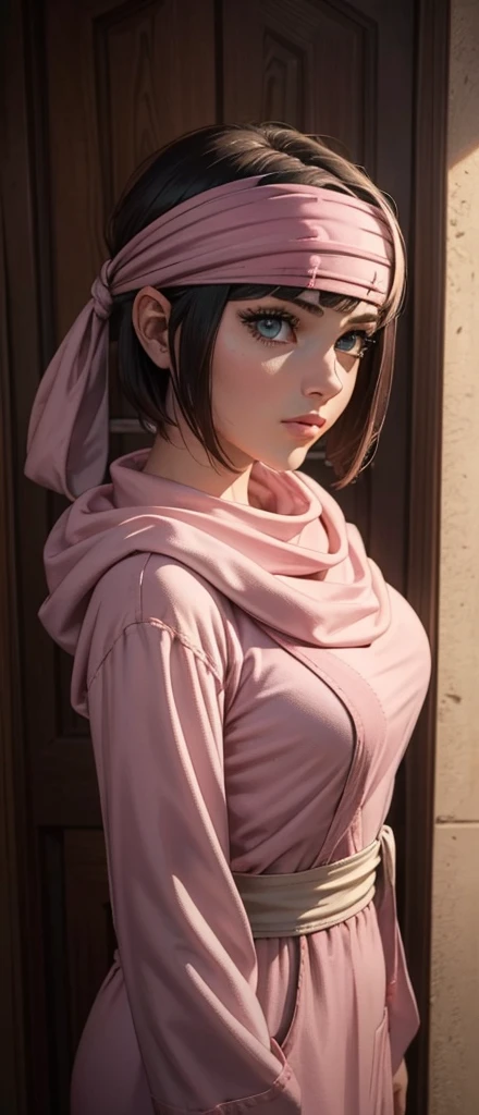 masterpiece), best quality, high resolution 1girl bob cut medium hair standing alone cowl headband profile image looking at viewer beautiful eyes beautiful face extremely detailed pink clothing girly