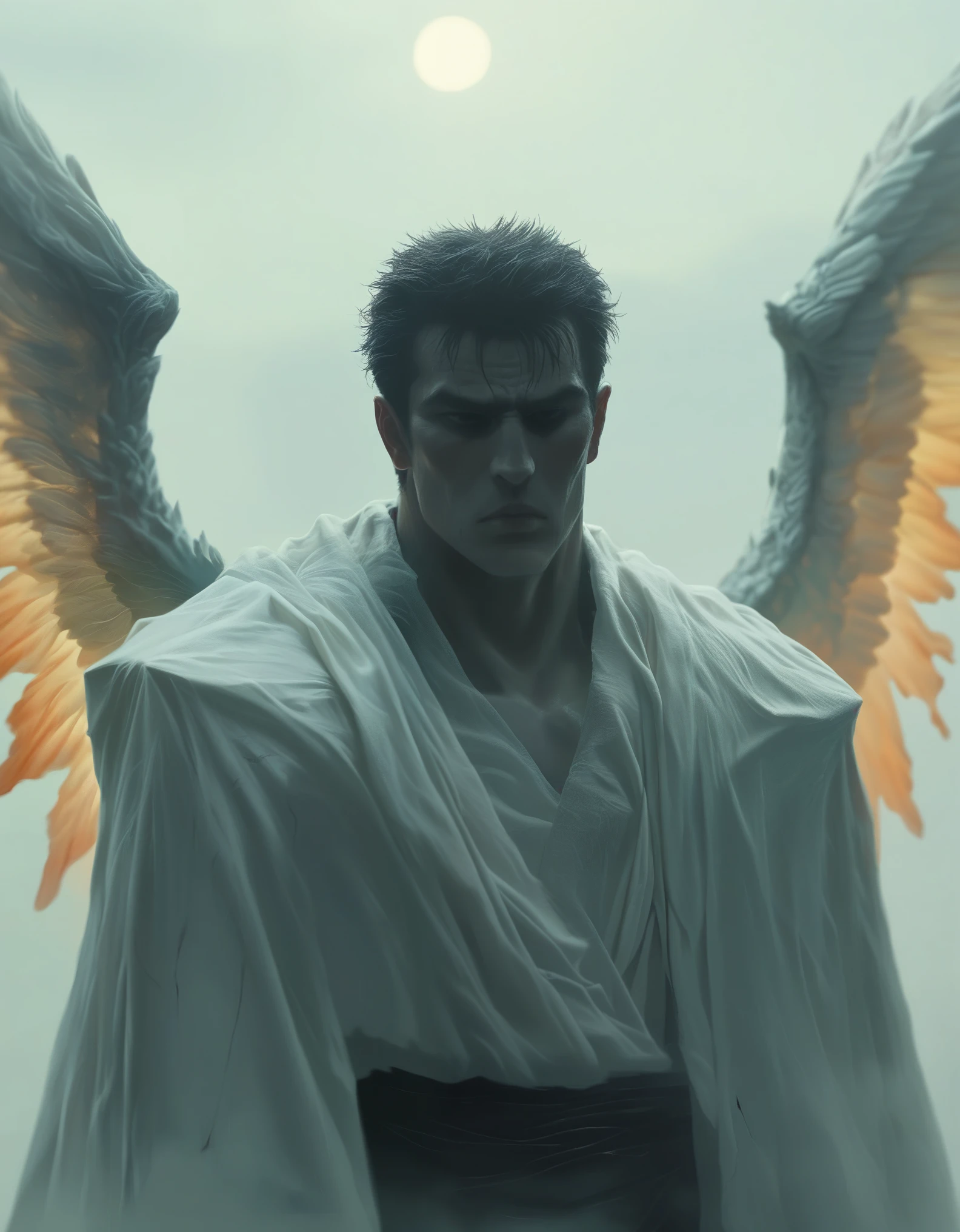 Fantasy-style illustration featuring a dramatic and intense scene. The layout is vertical, with a large, ethereal figure on the right side, draped in flowing white robes and possessing large, detailed wings. The figure has a serene, almost sorrowful expression, with pale skin and long, flowing hair. On the left side, Guts, the Black Swordsman, its massive blade glowing with a faint blue light. His face is partially obscured by his helmet, revealing a determined expression. The background is filled with swirling red mist and indistinct forms, adding to the chaotic and otherworldly atmosphere. The overall color palette is dominated by shades of red and white, creating a stark contrast between the two figures. At the bottom center, a circular logo bears the text 'Artvision1999' in a gothic font, subtly blending into the ominous environment.