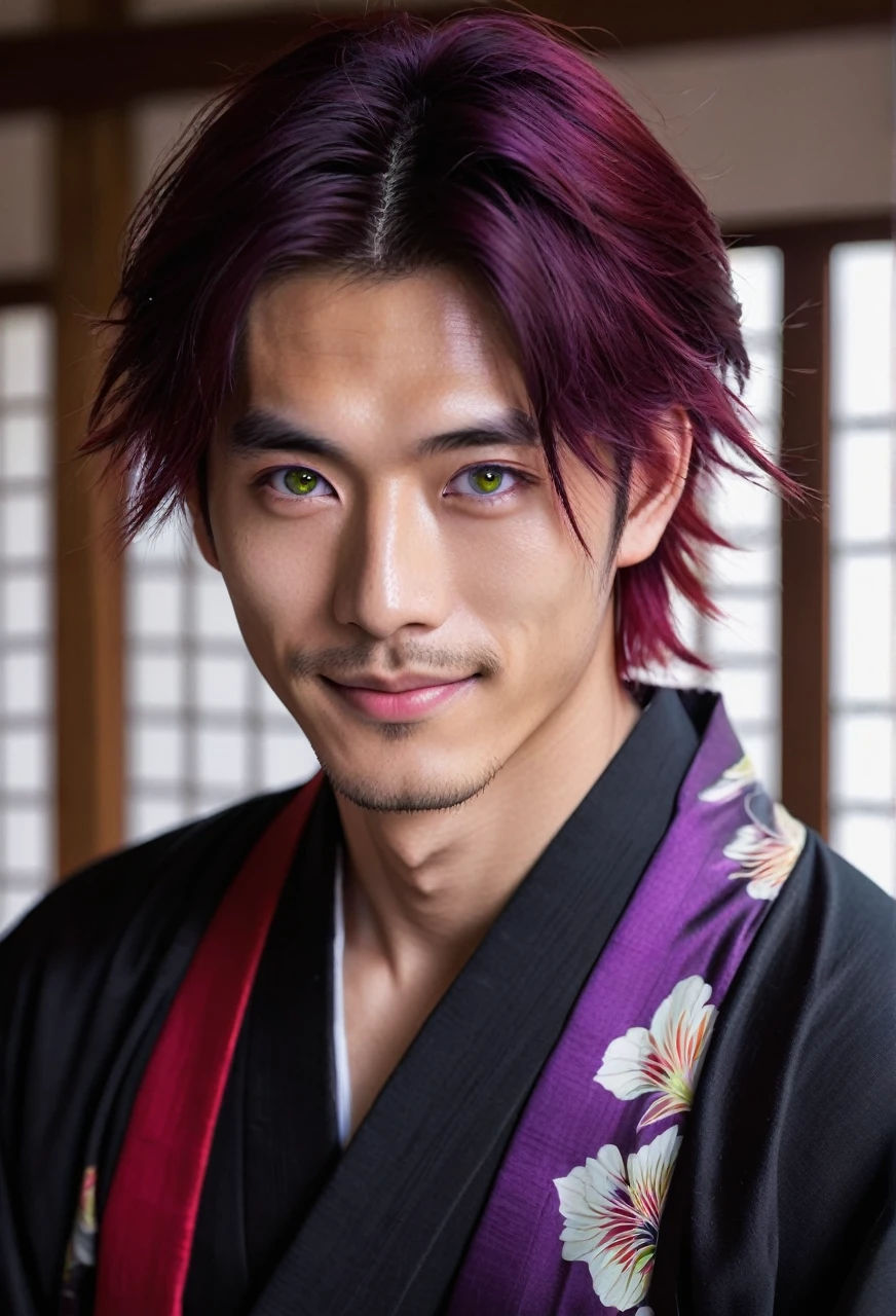 I want a young Japanese man, he has heterochromia, one eye is green and the other is purple, red hair color, and have a naughty smile, make him wearing a black and purple kimono. Um retrato realista, full hd 4k.
