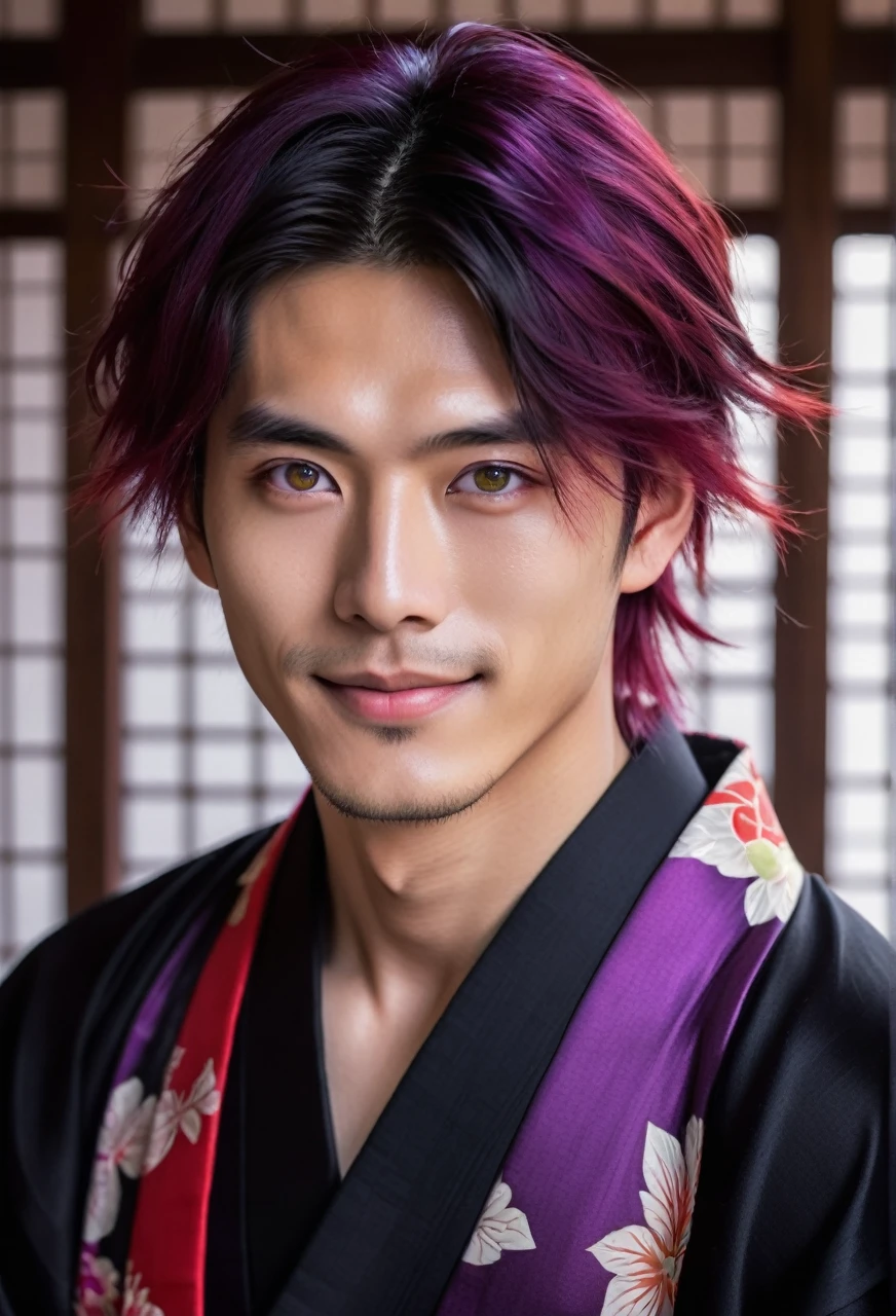 I want a young Japanese man, he has heterochromia, one eye is green and the other is purple, red hair color, and have a naughty smile, make him wearing a black and purple kimono. Um retrato realista, full hd 4k.