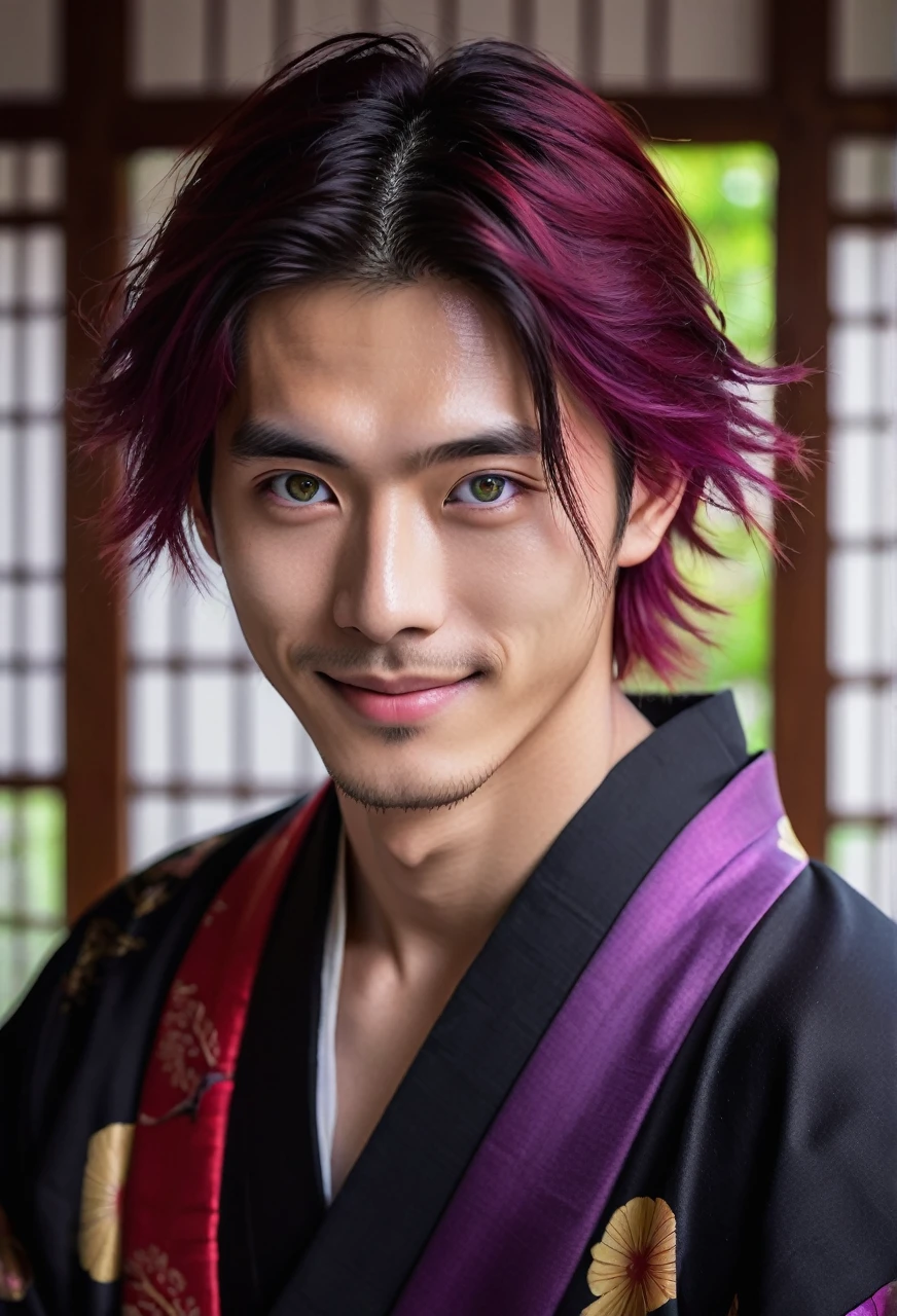 I want a young Japanese man, he has heterochromia, one eye is green and the other is purple, red hair color, and have a naughty smile, make him wearing a black and purple kimono. Um retrato realista, full hd 4k.