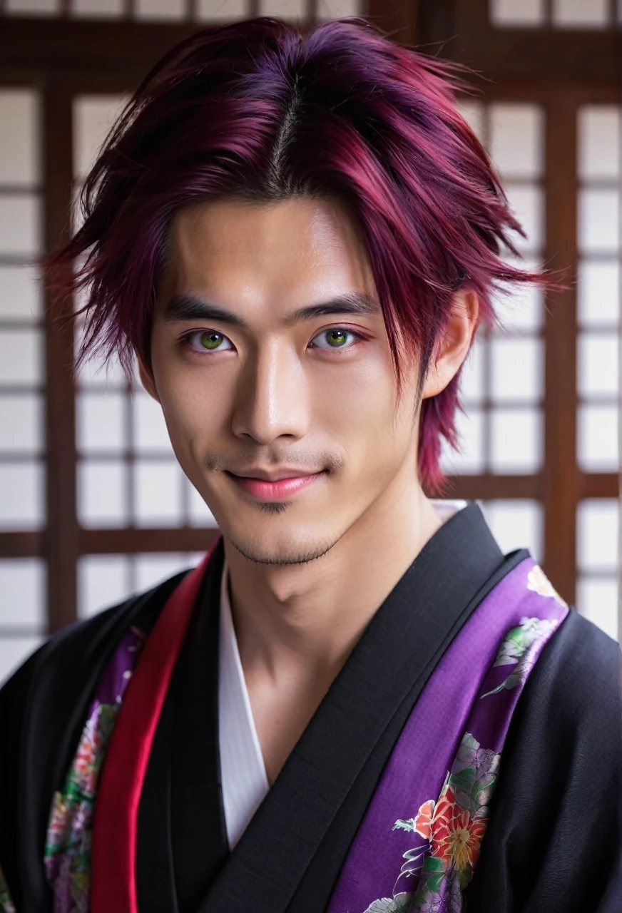 I want a young Japanese man, he has heterochromia, one eye is green and the other is purple, red hair color, and have a naughty smile, make him wearing a black and purple kimono. Um retrato realista, full hd 4k.