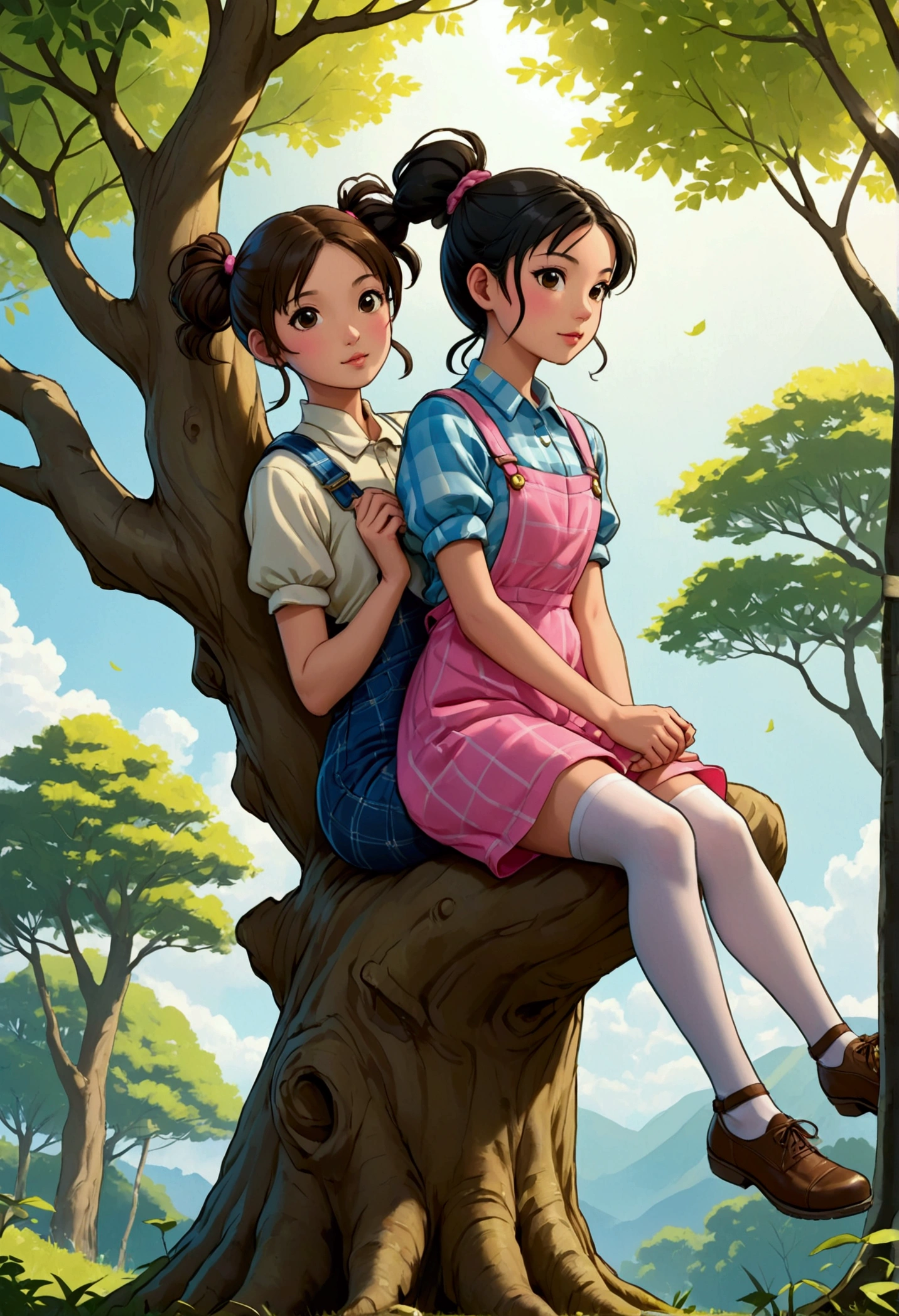 Name "The Loyal Pin" written in an elegant and dynamic font, in metallic golden yellow, in 3D and creates an idyllic Anime-style image of two beautiful young women, deeply in love, one is a beautiful British woman, "Princess Anil", with brown hair tied in a ponytail, dressed in a short blue checkered overalls, with short white stockings and dark shoes, she is sitting in the fork of a tall tree, from below looking at her is the other beautiful young woman, "Lady pin", with beautiful Asian features, with black hair tied in two pigtails, who is dressed in a simple bubblegum pink dress, who looks with infinite love at the other young woman from the ground, with her arms crossed; between them there is a feeling of trust and complicity.