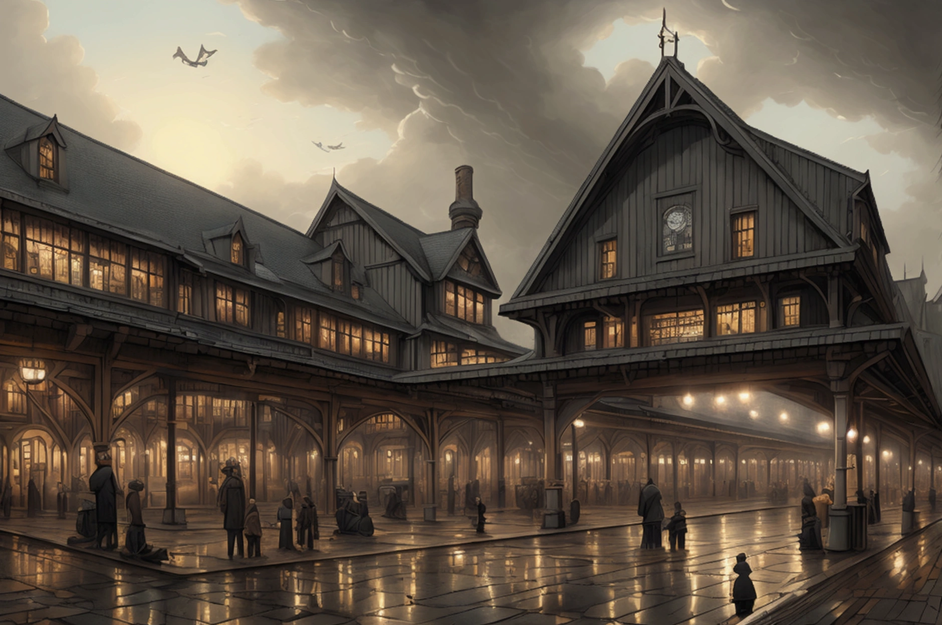 A large train station by John Kenn Mortensen, colored, detailed